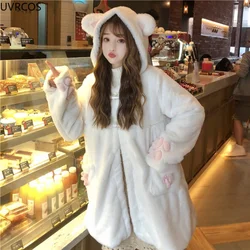 Winter Lolita Warm Jacket Women Sweet Soft Plush Thickened White Coats Girl Cute Cat Ears Anime Hooded Parkas Youthful Outerwear