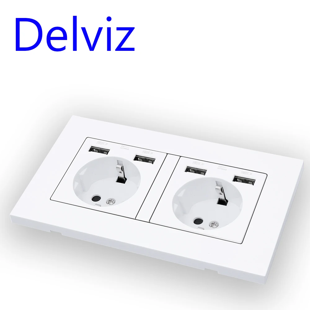 Delviz EU Standard USB socket, 16A Power Outlet,Power panel Four usb interface German type socket,Double frame Wall 4 USB Outlet