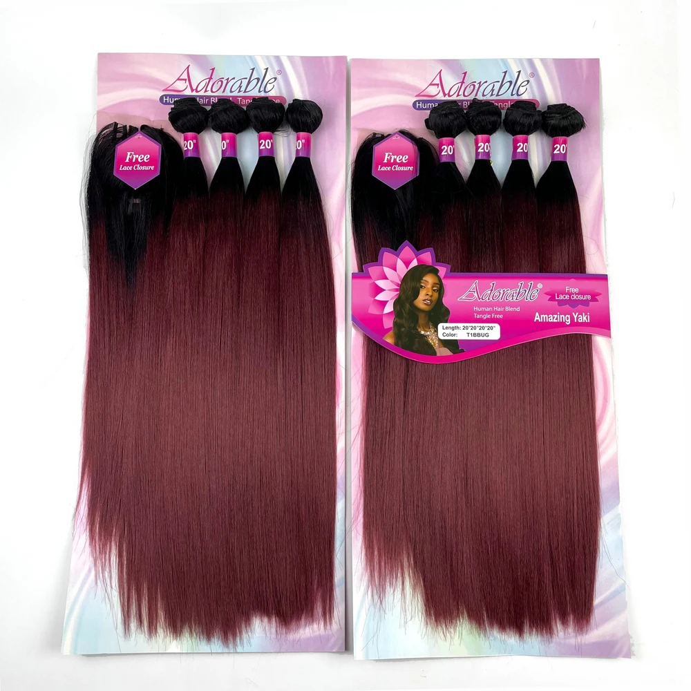 Ombre Red Color Yaki Straight Suit Packet Synthetic Bundles With Lace Closure For Black Woman 20 INCH T1BBUG Amazing Yaki 4pcs