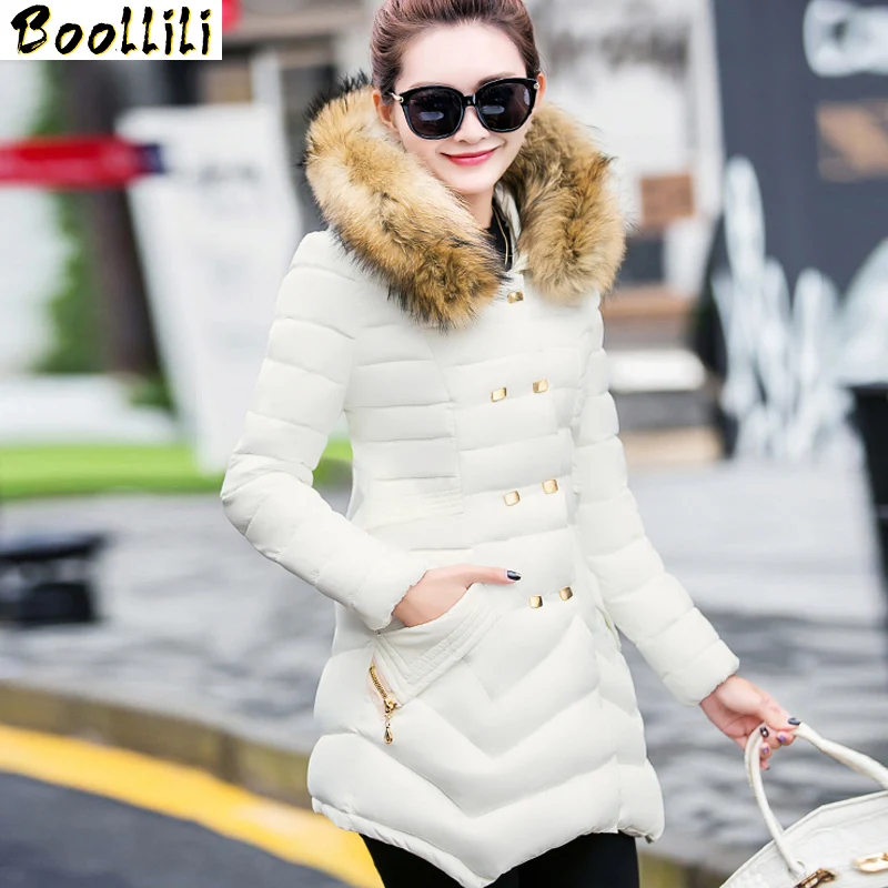 Womens Korean Style Winter Jackets and Coats Slim Hooded Furry Fur Collar Double Breasted Cotton Coat Winter Jacket Women