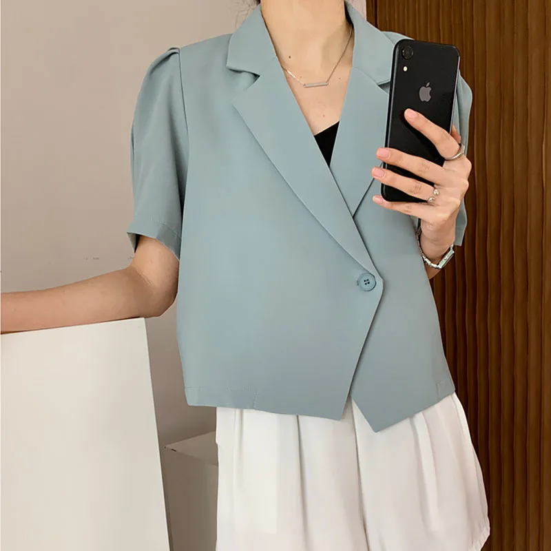 Summer 2024 Korean Haze Blue Thin Blazers Women Notched Collar Short Puff Sleeve Casual Single Button Female White Suit Jacket