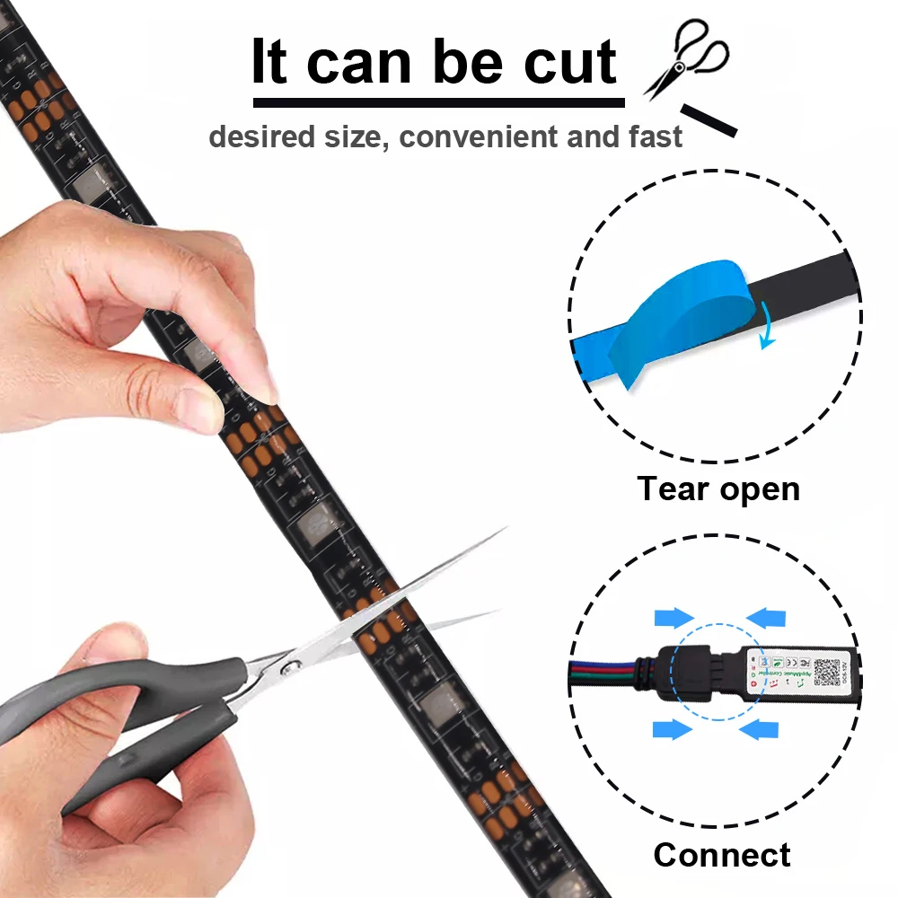 Impermeável LED Strip Lights para decoração do quarto, TV Backlight, fita de diodo, fita flexível, USB, Bluetooth, RGB, 5050, DC, 5V