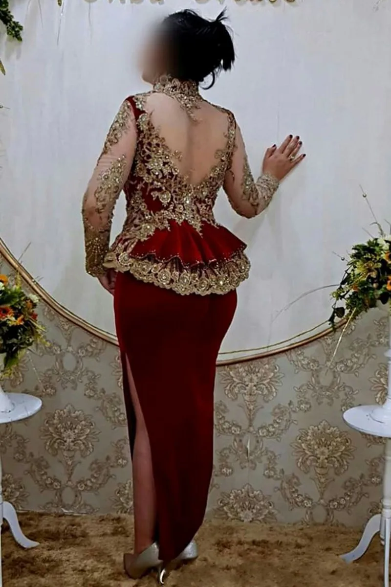 Bourgondië Aso Ebi Avondjurken Applique Peplum Gouden Kant Karakou Algerie Lange Mouwen Prom Dress Robe De Soiree De Mariage