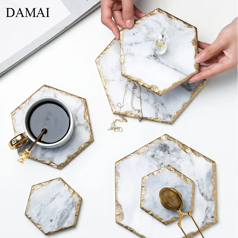 Natural Marble Trays Decorative Vintage Golden Border Ceramic Coaster Afternoon Tea Cake Dessert Plates Coffee Table Cup Tray