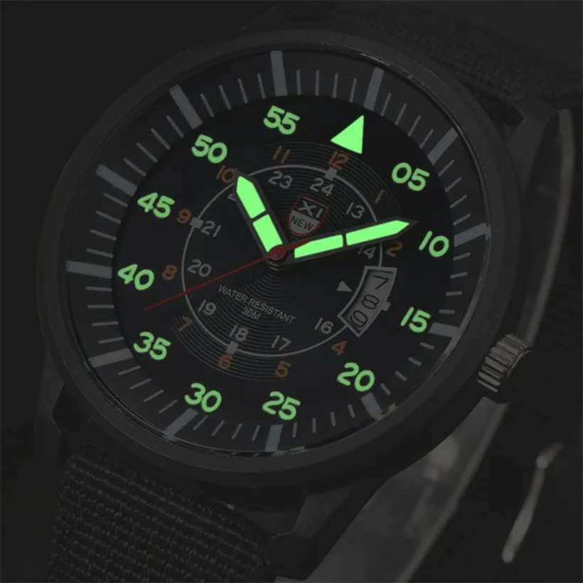 XINEW Men Watches Fashion Glow Luminous Watch Nylon Strap Calendar Quartz Watches Men  Military Sports Watches horloge man 2019