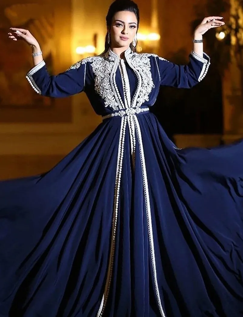 Mulheres linha A com renda de mangas compridas marroquino caftan, vestido elegante formal, vestidos de noite muçulmanos, Dubai, festa árabe, azul marinho, novo, 2022