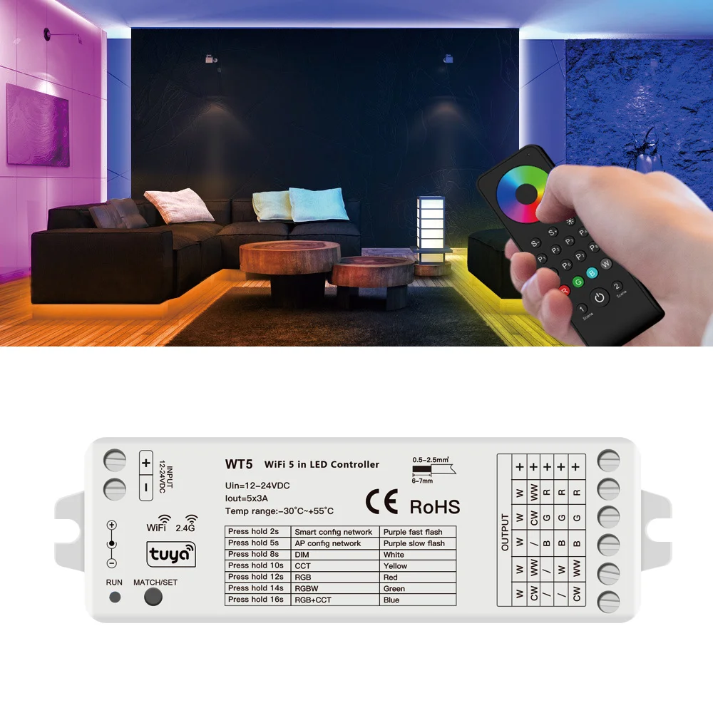 Controlador LED Tuya Smart WiFi para Alexa e Google Assistente, 5 em 1 Dimmer, CCT, RGB, RGBW, RGBWC, Faixa, RF, Sem Fio, 12V, 24V