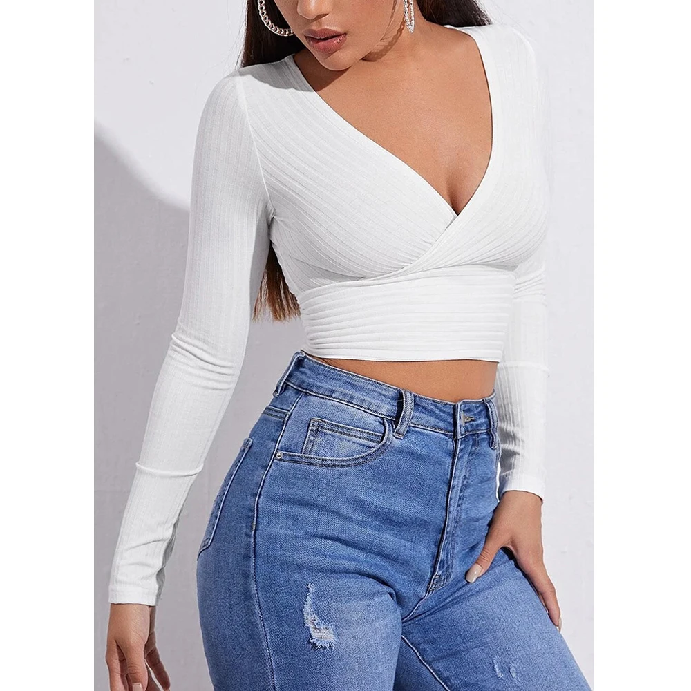 Women Basic Y2k Deep V-Neck Crop Top Sexy Long Sleeve Rib Knit Fashion Female Tee AM3468