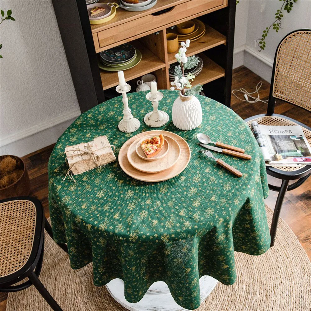 Japan Style Linen Cotton Christmas Party Tablecloth Table Cover Round Green Bronzing Gold Dinning Table Cover Home Decoration