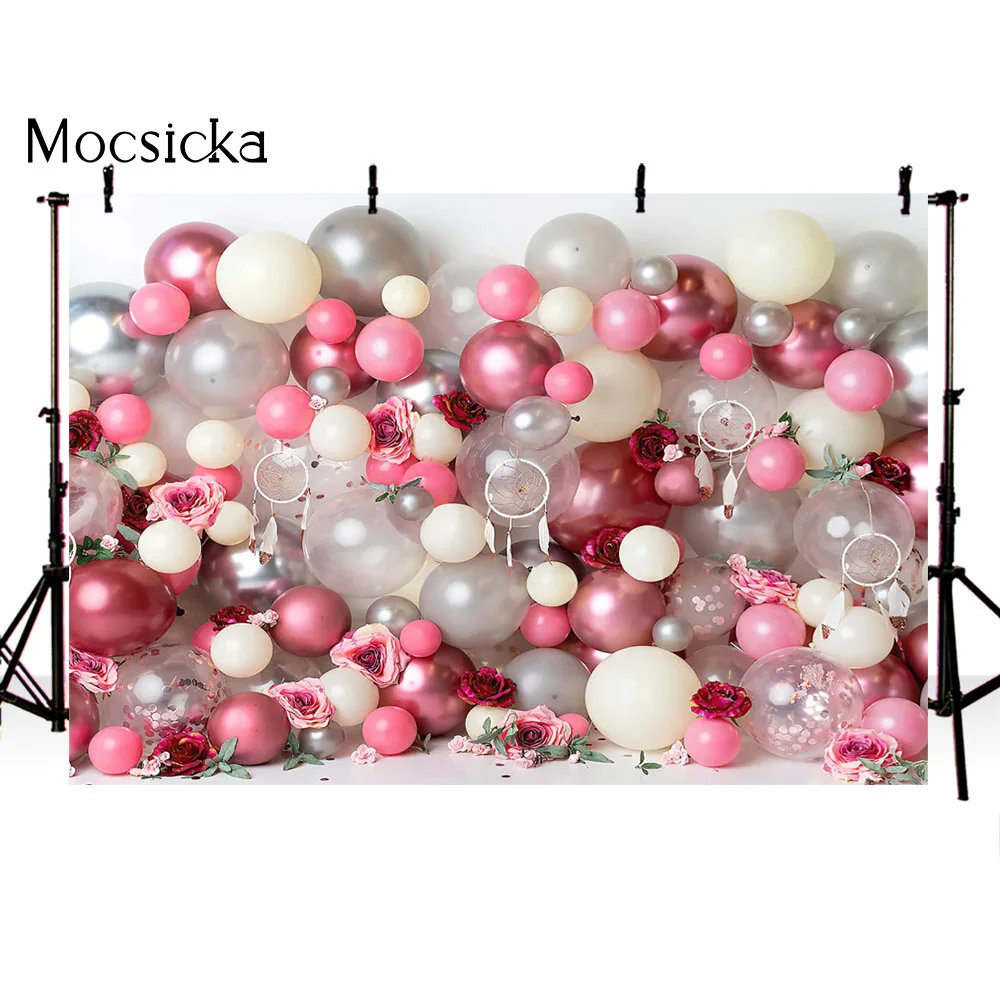Lente Roze Bloemen En Ballonnen Meisjes Portret Fotografie Achtergrond Dreamcatcher Nebworn Kinderen Cake Smash Foto Achtergrond