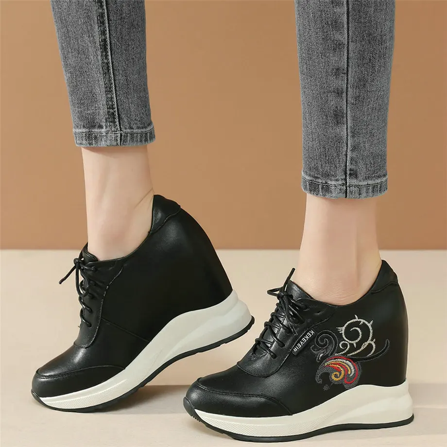 Fashion Sneakers Women Lace Up Genuine Leather Wedges High Heel Ankle Boots Female Round Toe Platform Pumps Shoes Casual Shoes