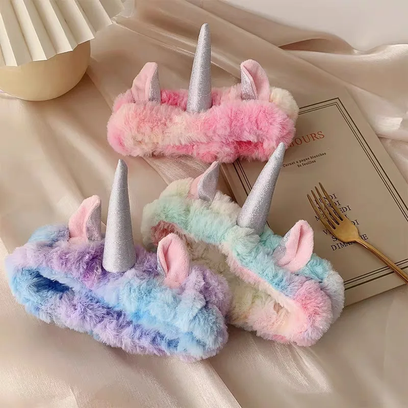 Unicorn Plush Headband for Women Tie Dry Hair Band Cute Mask Elastic Soft Hair Band Washing Hair Hoops Kawaii Headband for Women