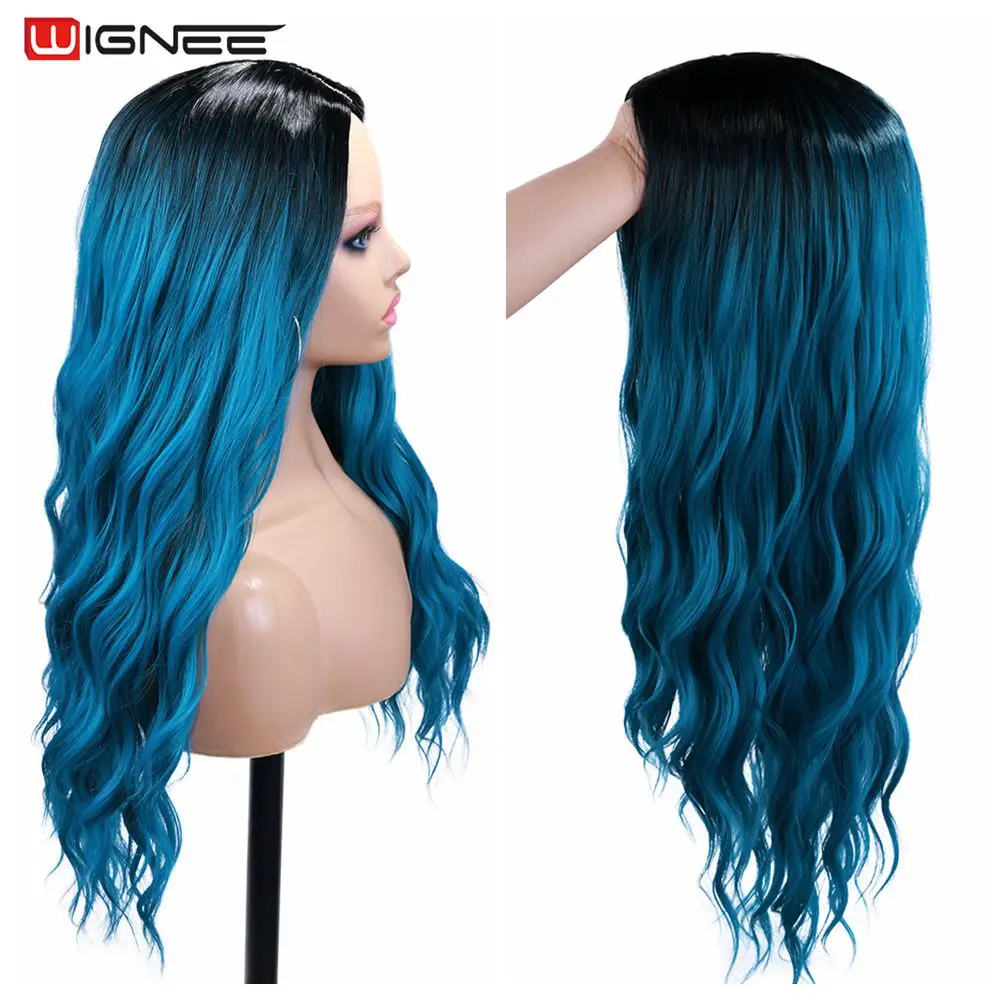 Wignee Lange Golvende Blauwe Fiber Synthetische Pruiken Midden Deel Hittebestendige Voor Vrouwen Natuurlijke Haar Dagelijkse/Party/Cosplay party