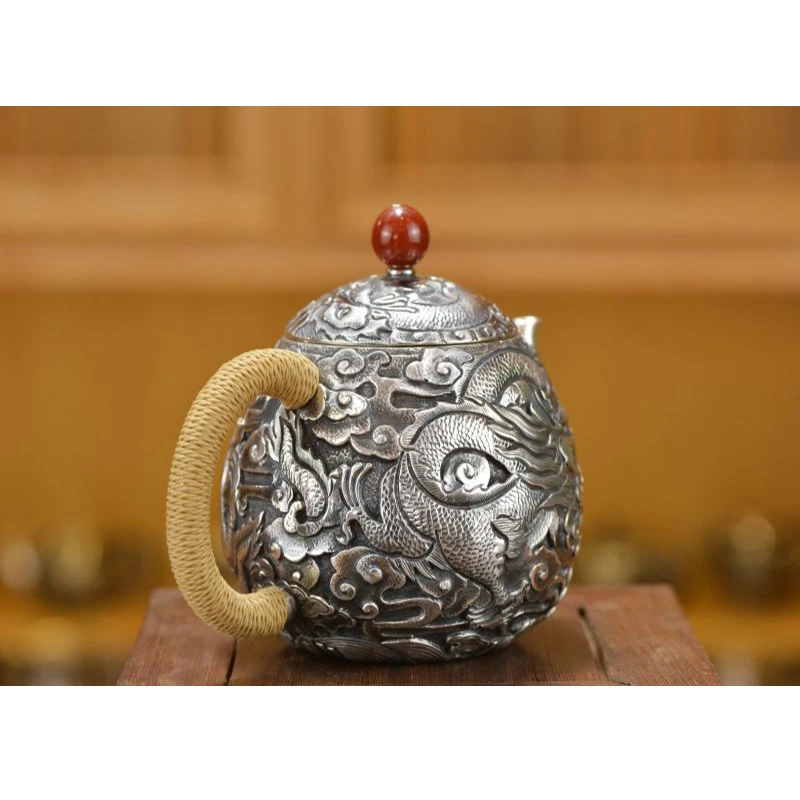 Silver pot 999 sterling silver handmade tea set Japanese retro teapot kettle home tea ceremony Kungfu tea set 280ml