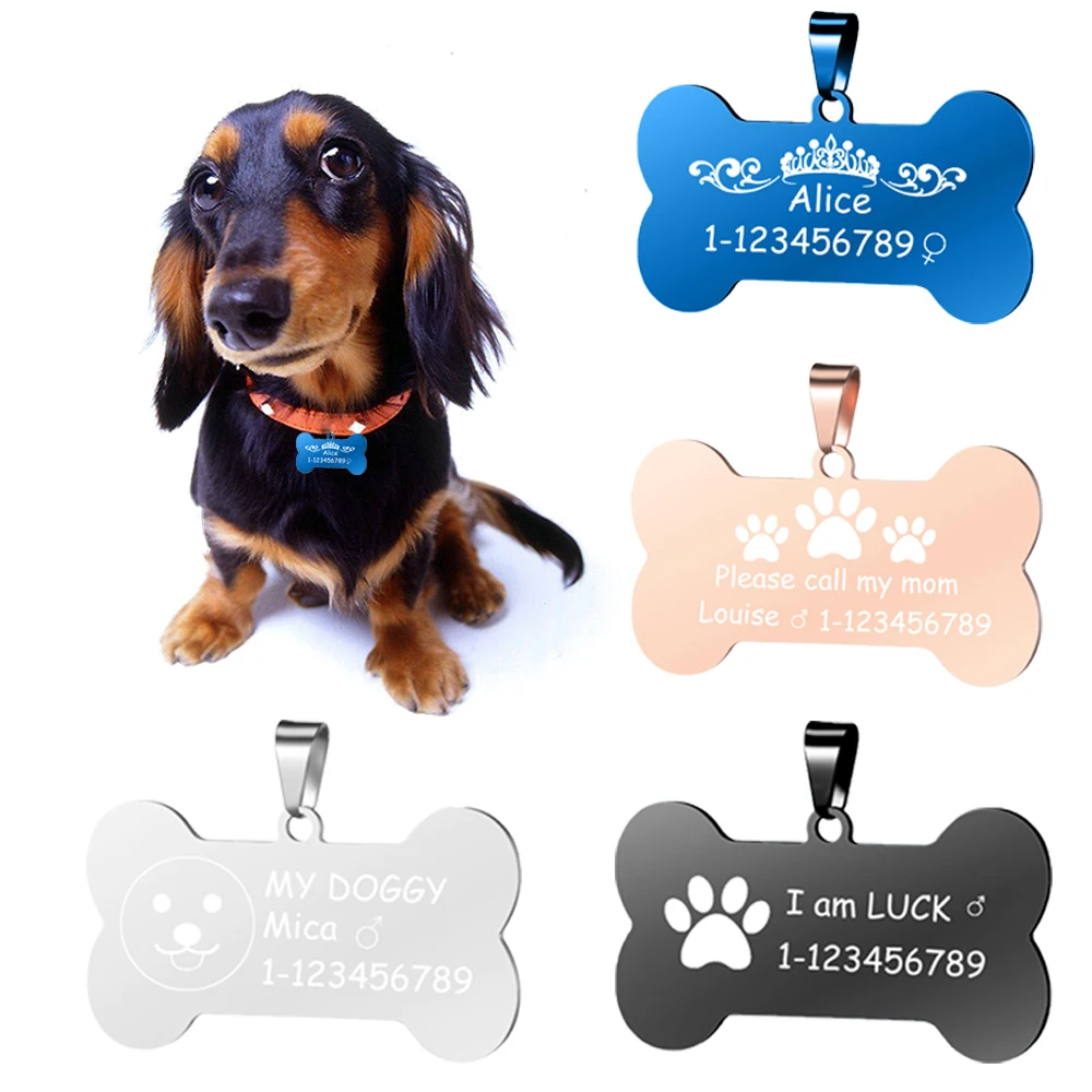 Customized Engrave Pet Name Stainless Steel Pendant Bone Shape Pet Dog Cat ID Tag Accept 1pcs Customize VD-001