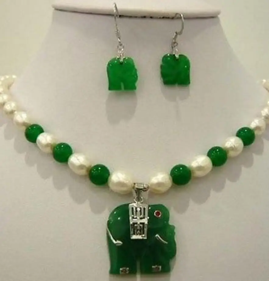 

Горячая Распродажа, новый белый жемчуг, зеленый нефрит, слон, кулон, ожерелье, серьги, набор