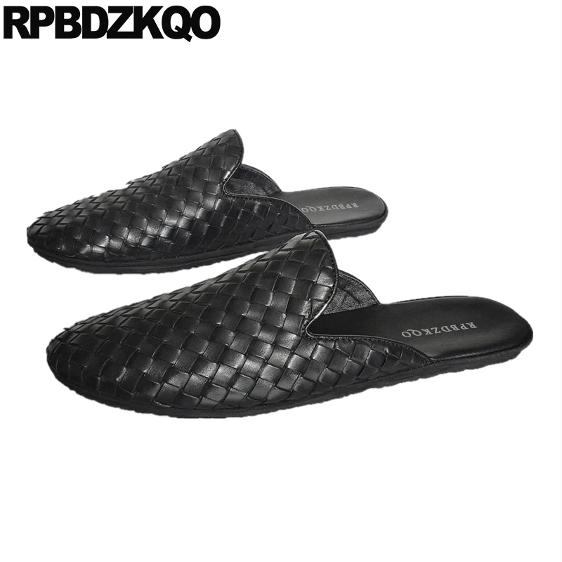 Designer Shoes Men High Quality Big Size Black Woven Slides Closed Toe Large Slippers Summer Genuine Leather 45 Italian Sandals