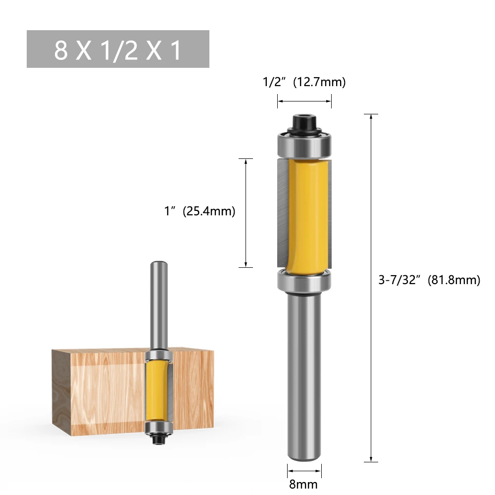 LAVIE-Carbide Flush Router Bit, rolamento duplo, corte reto, faca de corte, fresa, 8 milímetros Shank, Carpintaria, 1\