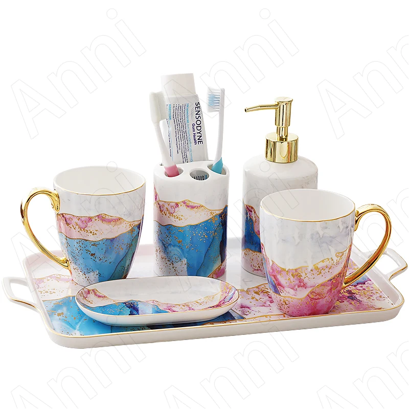 

Creativity Flow of Gold Bathroom Accessories Set Ceramic European Modern Household Five Piece Set Wash Set Toothbrush Holder