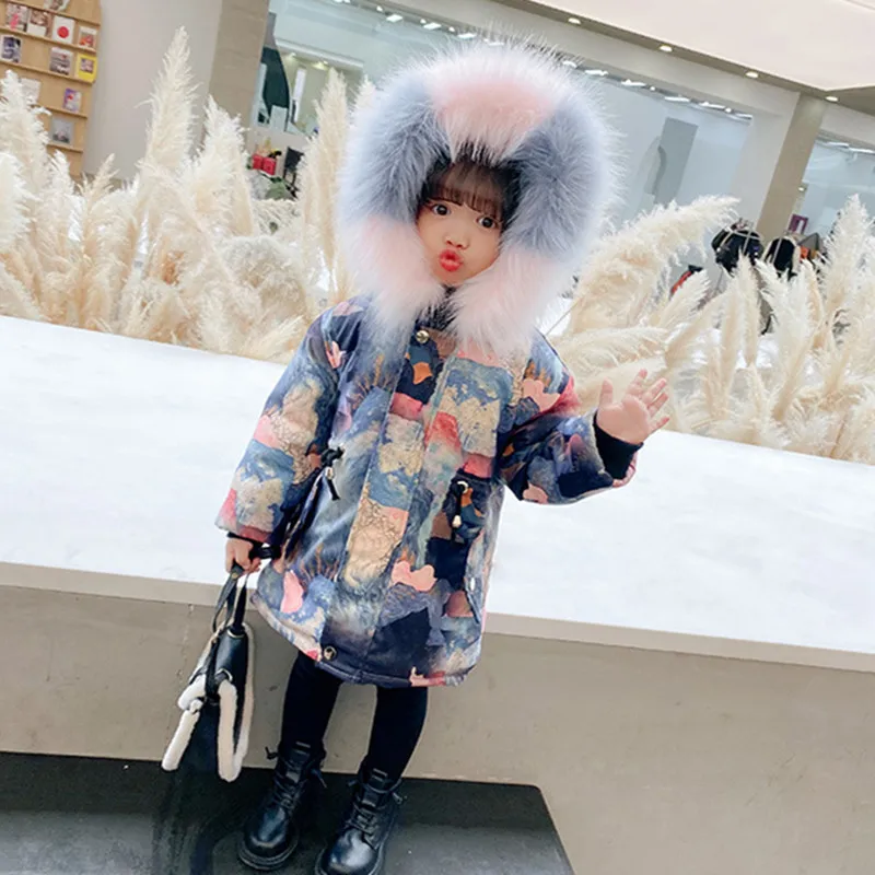 DFXD New Arrival Baby Girl Winter Thick Padded Jacket Fashion Print Fur Collar Hooded Parka Outwear Plus Velvet Warm Coats 2-8Y