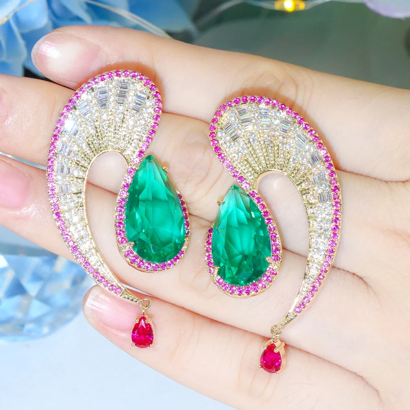 CWWZircons Unique Curved Wing Green CZ Rose Red Paved Drop Earrings Elegant Bridal Wedding Statement Jewelry E0461