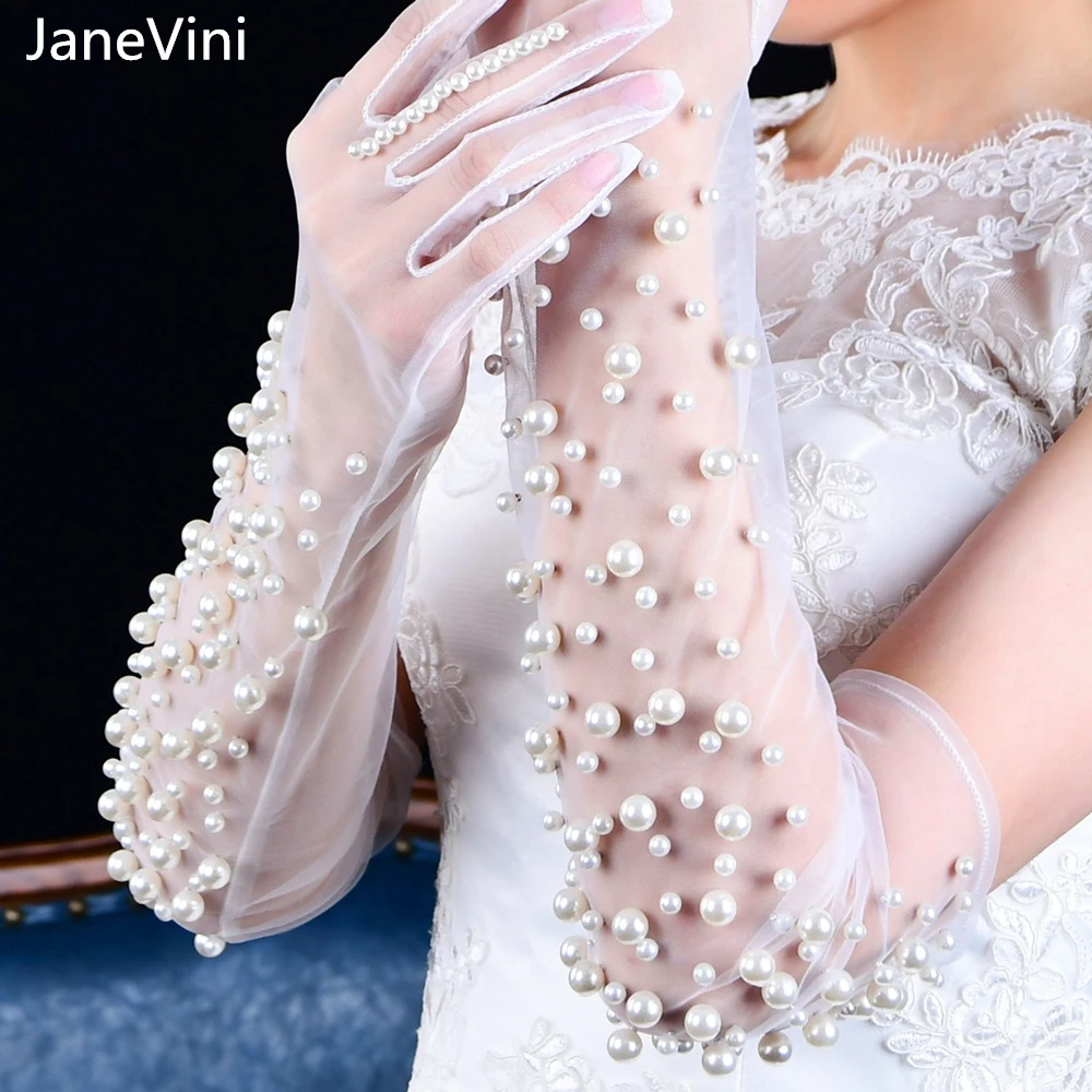 JaneVini New Luxury Pearls Long Bridal Gloves Full Finger Elbow Length 2021 Elegant Soft Tulle Womens Gloves Wedding Accessories