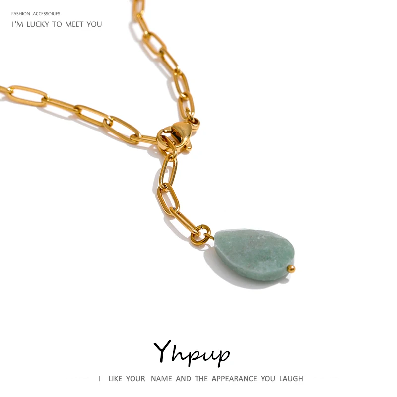 Yhpup Stainless Steel Natural Stone Agate Pendant Necklace Minimalist Metal Chain 18 K Women Collar Necklace Bijoux Femme New