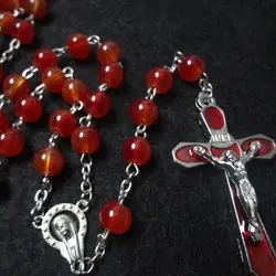 QIGO Transparent Red Glass Beads Rosary Necklace Metal Cross Catholic Jewelry