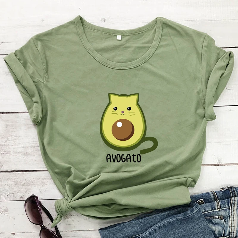 Colored Avogato Cat 100% Cotton T-shirt Cute Avocado Vegan Top Tee Funny Women Short Sleeve Graphic Vegetarian Tshirt