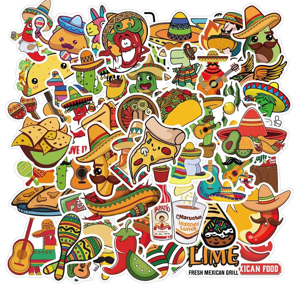 50pcs Vintage Mexican Food Series Stickers Cartoon DIY Waterproof Cup Luggage Laptop Phone Case Bicycle Children's Toy Sticker