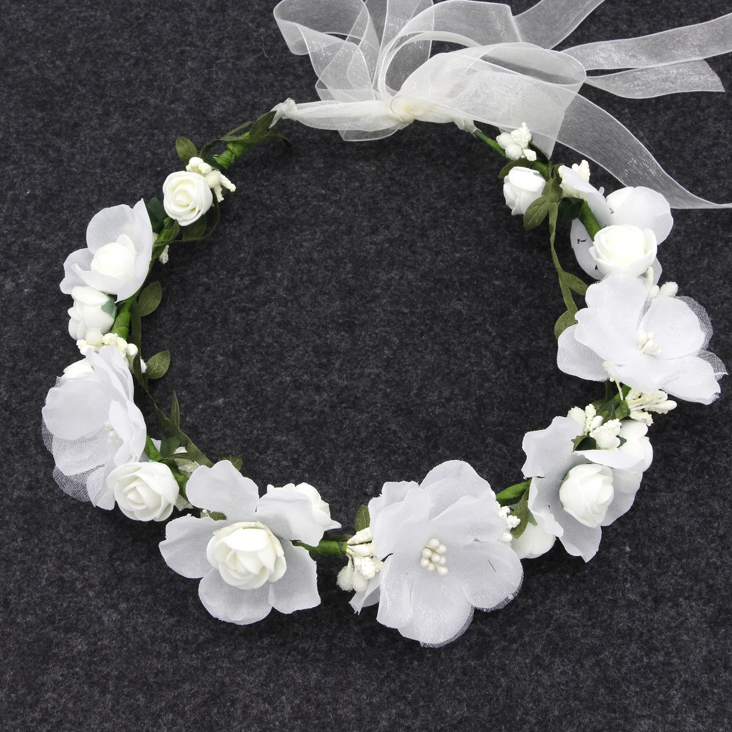 Flower Crown Wreath Bride Garland with Ribbon Communion Wreath Handmade Headband Headpiece Fairy Tiaras Wedding Hair Accessories