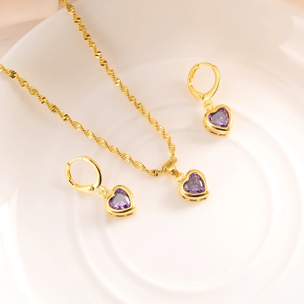 Gold Plated Bridal Crystal Jewelry Sets Heart Purple Pink Cubic Zircon Earring Necklace Chain Wedding Women Girls Gifts