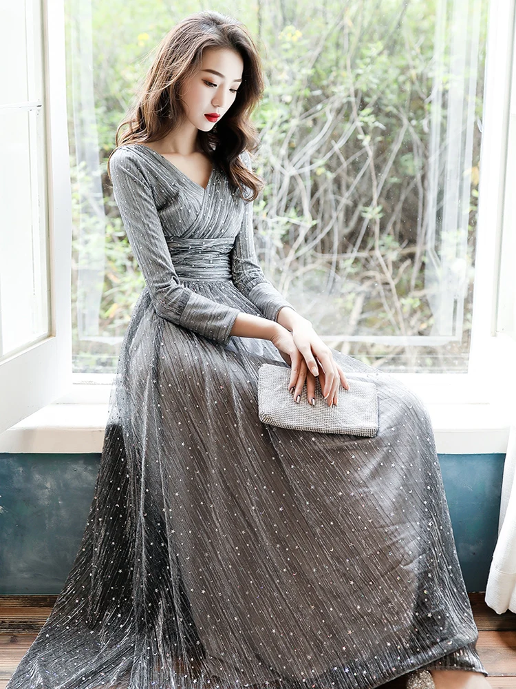 Grey Avondjurk 2020 Nieuwe Mode Sexy V-hals Volledige Mouw Prom Party Dress Shining Pailletten Banket Jurken Vestido De Festa