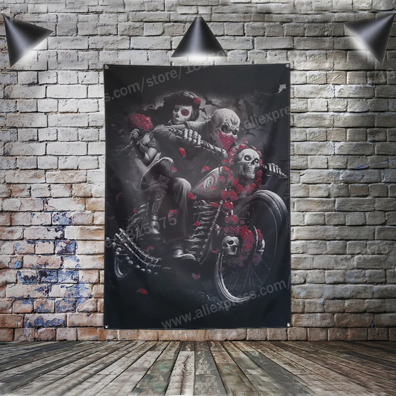 Skull Tattoo Motorcycle Biker Roses Flag Banner Sexy lady Beauty Art Home Decoration Hanging 4 Gromments in Corners 3*5FT