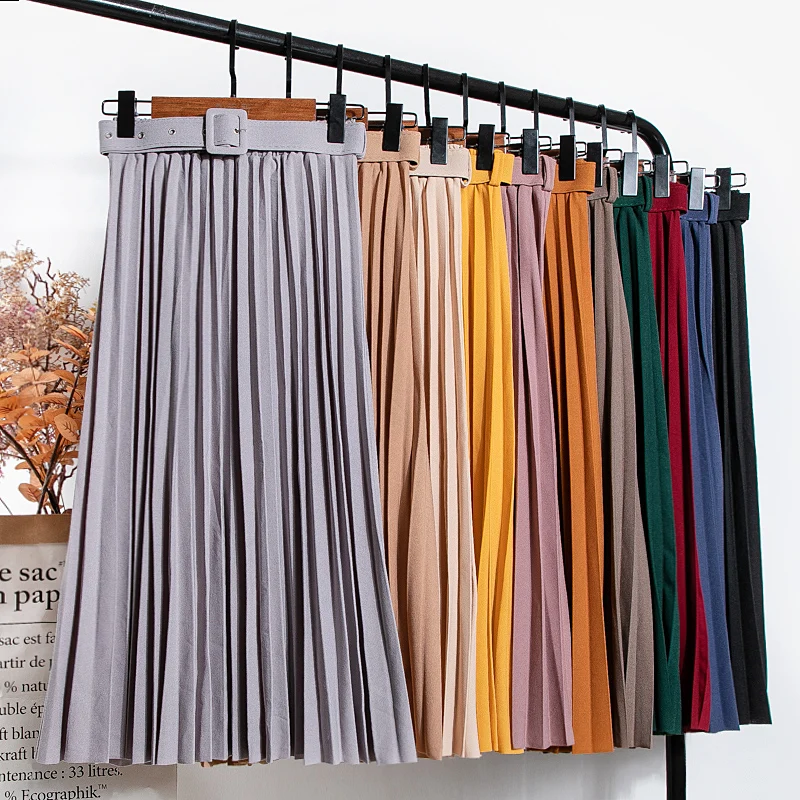 

High Waist Women Skirt Casual Vintage Solid Belted Pleated Midi Skirts Lady 11 Colors Fashion Simple Saia Mujer Faldas