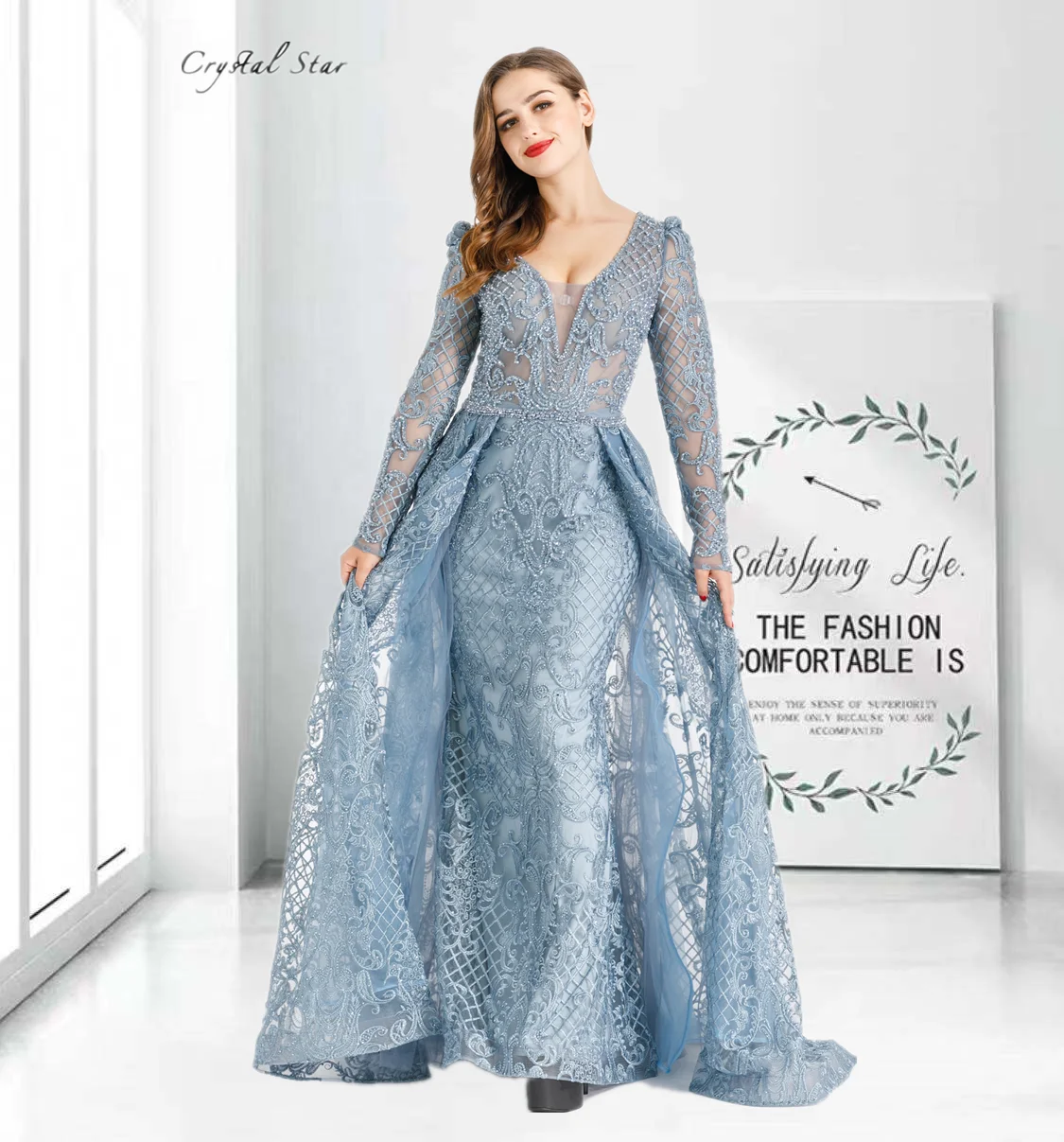 Dubai Elegant Beaded Muslim Blue Long Mermaid  With Train Luxury Evening Dresses Gowns for Woman  Party  Formal Dress HO1052