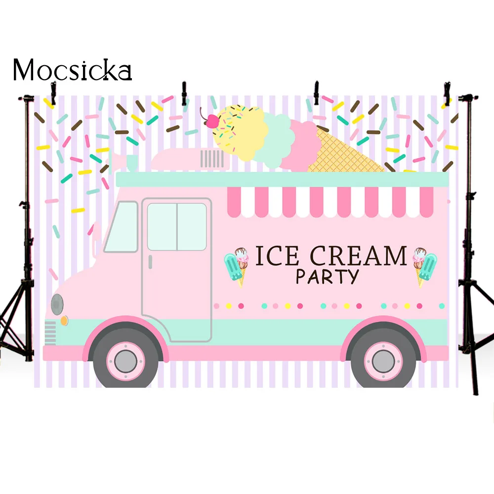 Pink Ice Cream Car Birthday Backdrop Here's the Scoop Girls 1st Birthday Photo Background Sweet Candy Decorations Baby Shower
