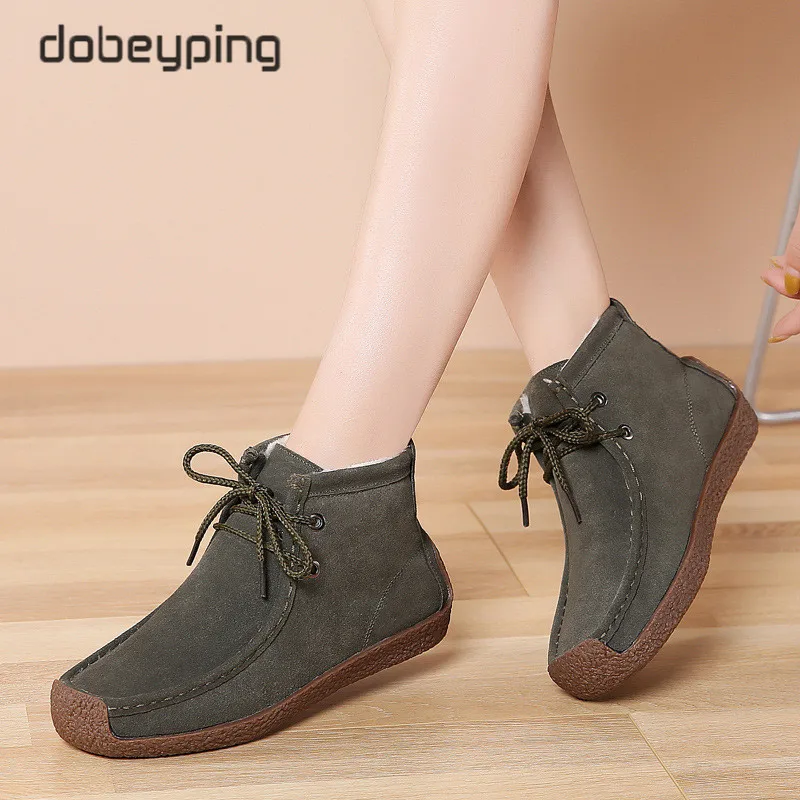 New Women KeepWarm Cotton Boots Cow Suede Leather Winter Shoes Woman Plush Women\'s Snow Boots Moccasin Ankle Female Flats Boots