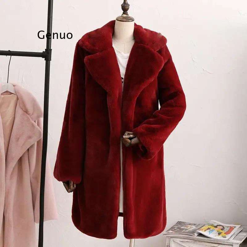 Abrigo de piel de conejo de imitación con solapa de manga larga para mujer, abrigo grueso, cálido, suelto, rosa y negro, chaqueta de felpa para invierno