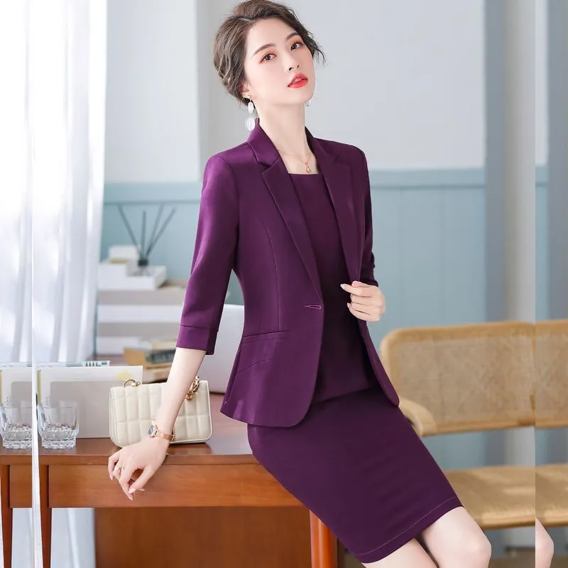 Fashion Elegant Purple Spring Summer Formal Women Business Suits with Dress and Blazer Coat for Office Ladies Work Wear Blazers