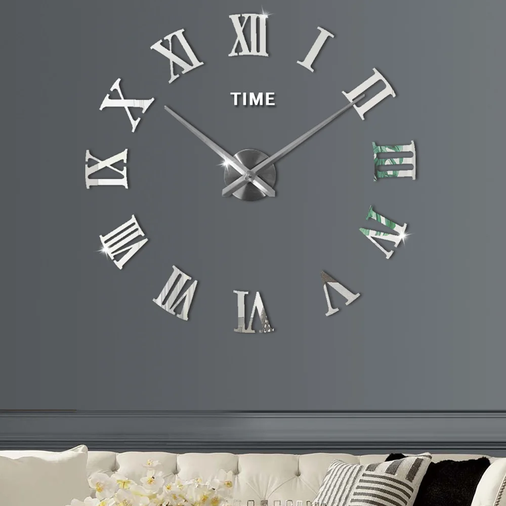 Large Wall Clock Modern Design 3D Wall Sticker Clock Watch Silent Home Decor Living Room Acrylic Mirror Silver Wall Clocks