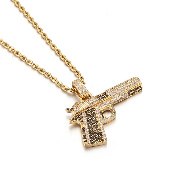 Hip Hop Micro Paved AAA Cubic Zirconia Bling Ice Out Automatic pistol Gun Pendants Necklaces for Men Rapper Jewelry Gold Color