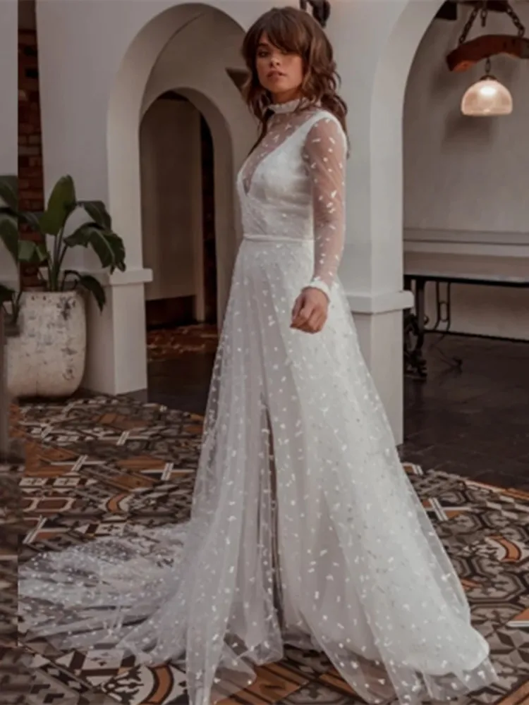 Robe de Mariée à Col Haut et Manches sulf, Appliques en Dentelle, Longue Traîne de Balayage, Patients Icidiques, Tout ce qui est sur Mesure, Élégant, Été, 2024