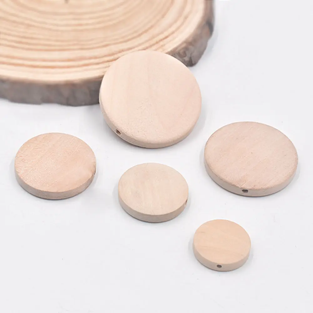 5pcs/10pcs Flat Round Natural Wood 15mm 20mm 25mm 30mm 35mm 40mm Loose Woodcraft Beads for DIY Pendant Crafts Jewelry Making