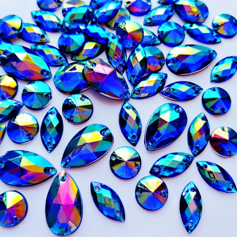 300PCS Mix Shape Royal Blue Drop Round Navette Flatback Clothes Clothing Sew on Rhinestones Crystals For Dance Costumes Prom diy