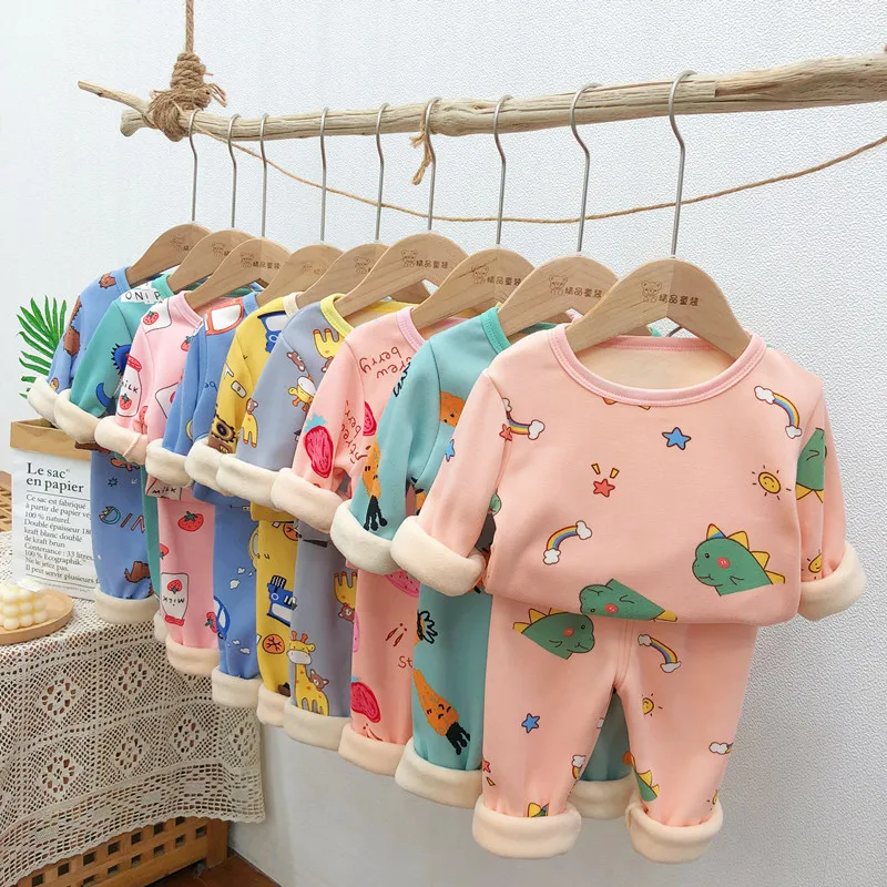 Children Pajamas Boys Cartoon Dinosaur Print Clothes Pants Set Warm Sleepwear Kids Pajamas For Girls Toddler Baby Outfits Child