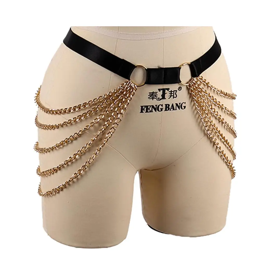 Pastel Goth Body Chain Gold Metal Ring Thigh Strappy Black Waist Suspender Elastic Body Harness Garter Women Bikini Club Dance