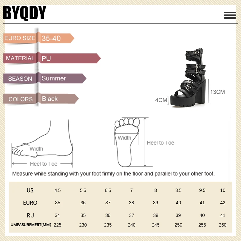 BYQDY 2021 Summer Gothic Solid Black Women Sandals Peep Toe Cover Heeled Female Shoes 13cm Square High Heeled Ladies Sandals