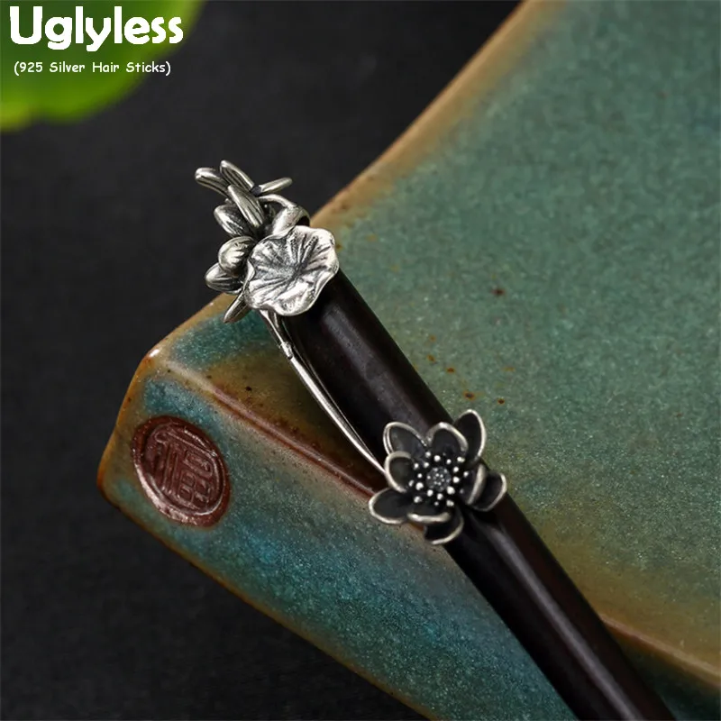 Uglyless Natural Wood Sandalwood Ethnic Hair Sticks for Women Thai Silver Lotus Flower Leaf Hair Decorations 925 Silver Forks