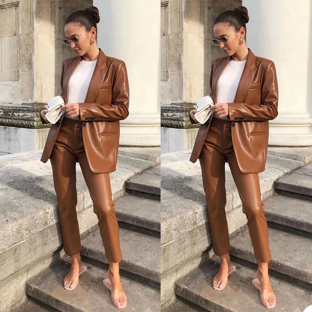 Women Vintage Faux Leather 2 Piece Set Elegant Blazer Jacket Coat+Zipper Pants Suit OL Office Trouser Outfits Female